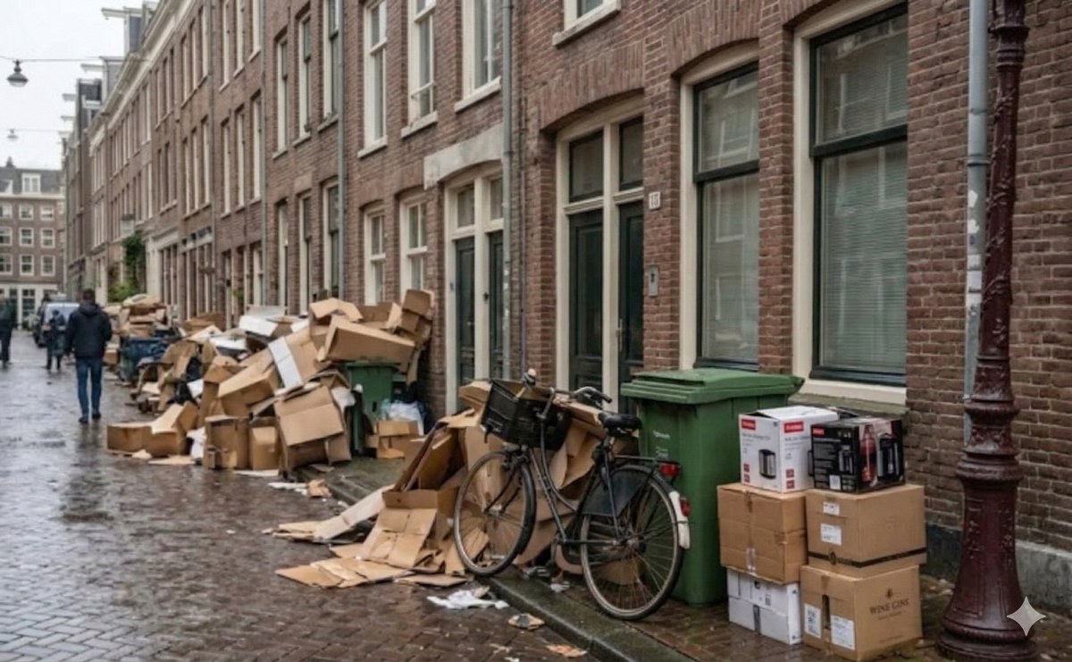 Cardboard boxes piled outside Amsterdam residential buildings